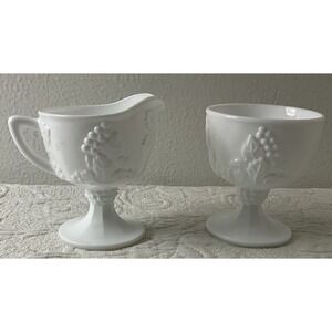 Vtg Indiana‎ Colony WHITE Milk Glass Harvest Grape Sugar Bowl & Creamer Pitcher